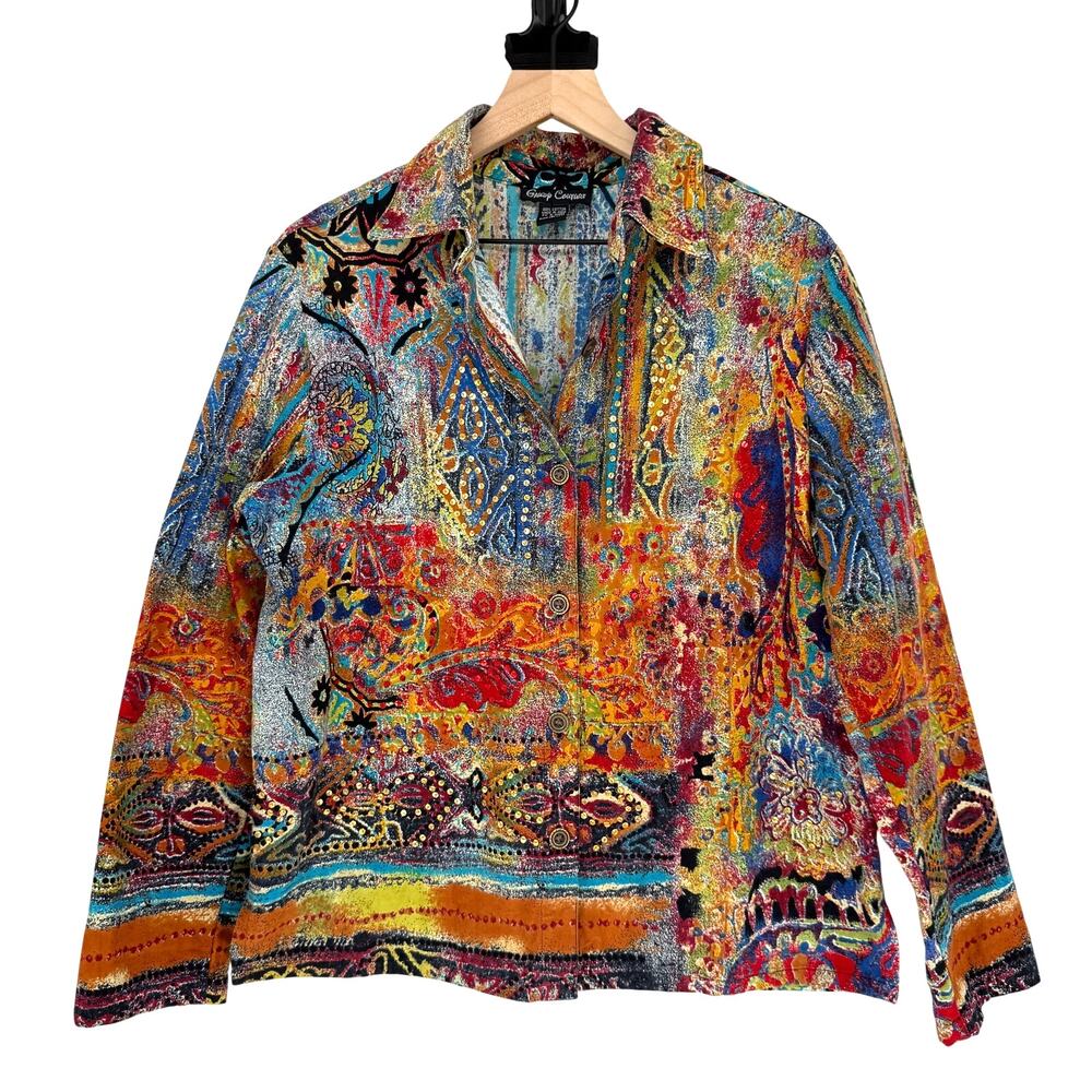 Gaudy Couture Womens L Top Colorful Abstract Paisley Boho Tapestry Jacket (